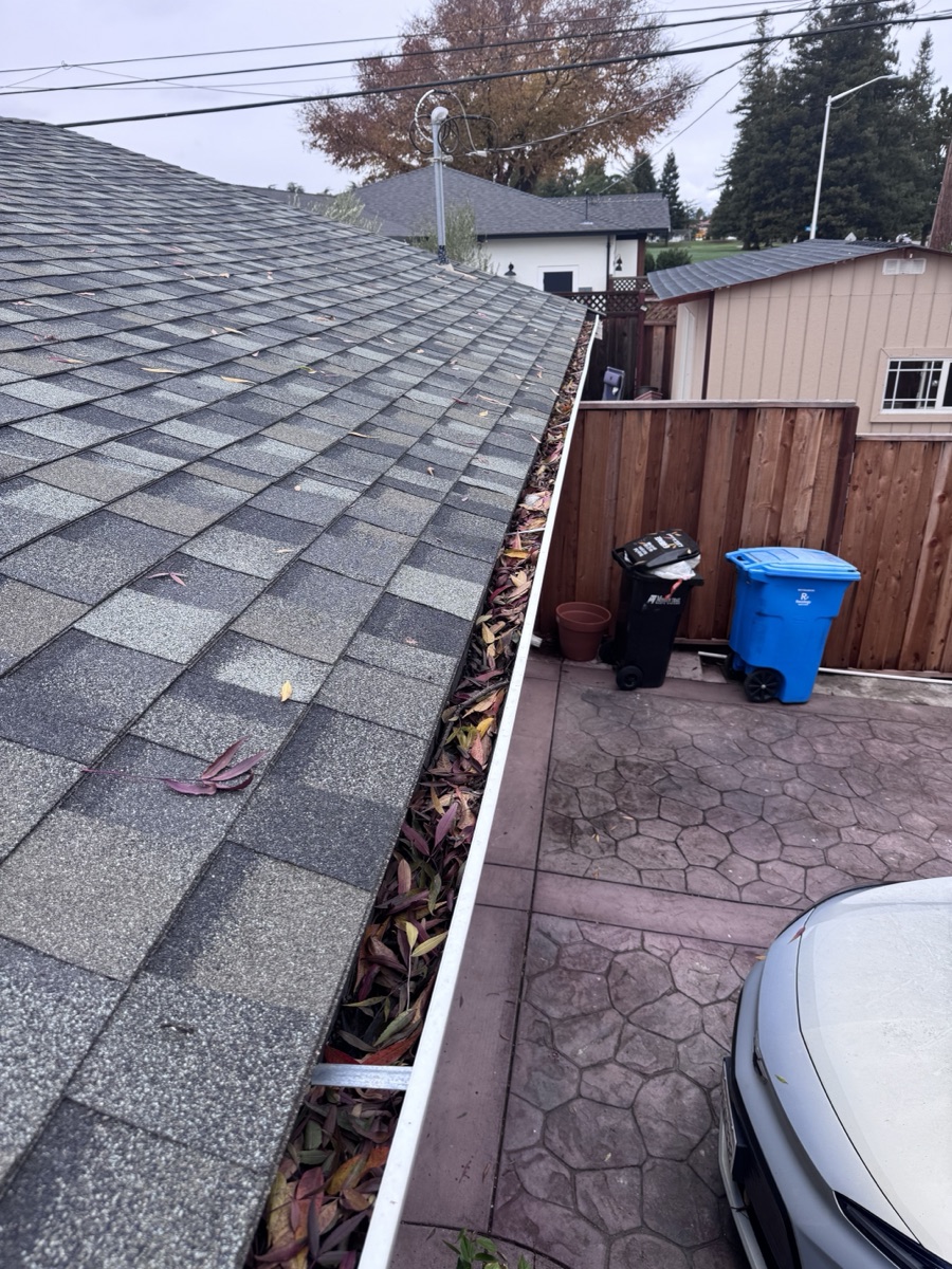 Gutters packed with leaves before cleaning — Santa Clara CA job
