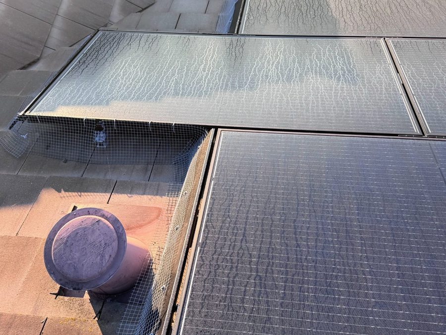 Solar panels coated in mineral deposits and agricultural dust before cleaning — Gilroy CA